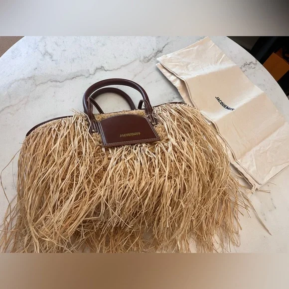 Jacquemus Le Panier Soli fringe raffia tote bag with brown leather trim - Picture 12 of 13